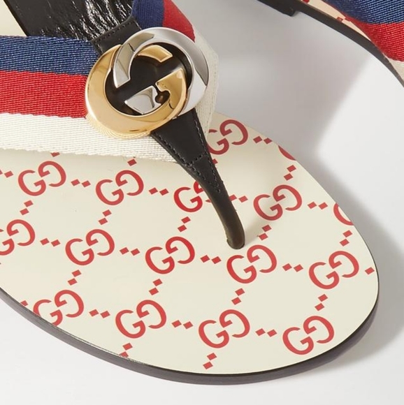 GUCCI Kika Logo-embellished Striped Nylon, Canvas and Leather Sandals,red/white. - Picture 6 of 13